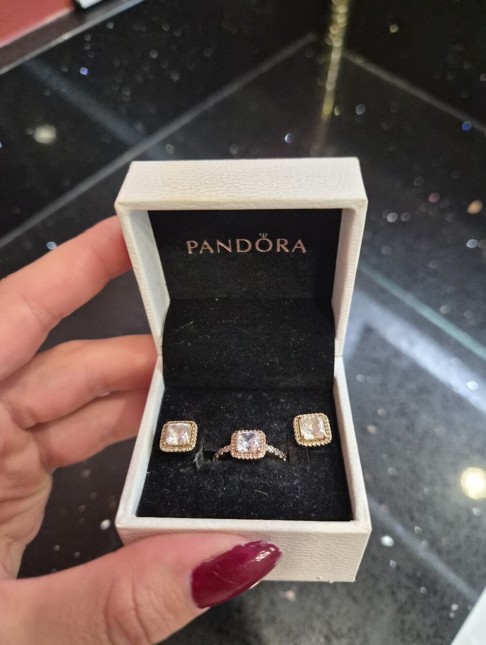 Pandora Rose Gold & Pink Square Cubic Zirconia Ring and Studs Set